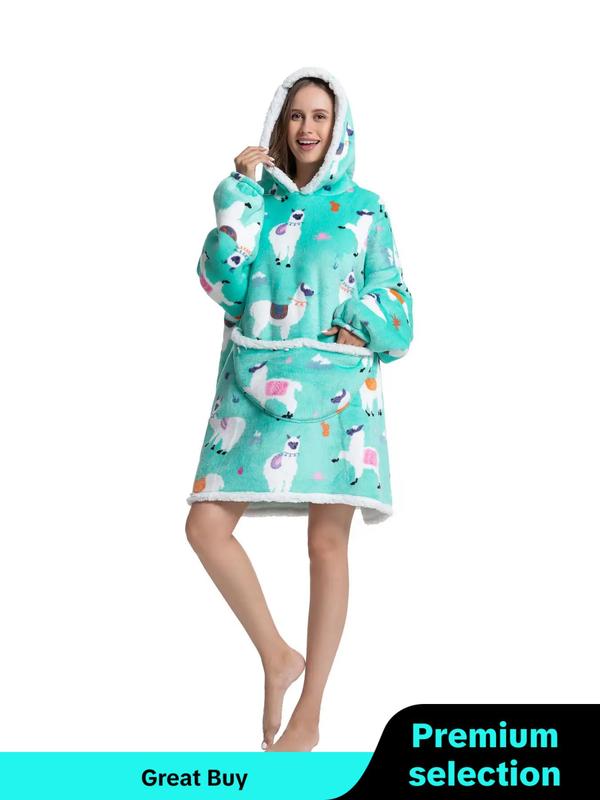  Women's Cow Print Plush Hooded Robe, Cute Pocket Long Sleeve Warm Hooded Pullover Robe, Ladies' TV Blanket Cold-proof Home Clothing Loungewear