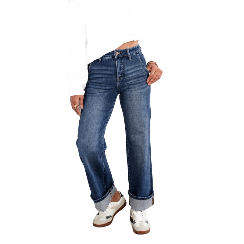 Risen High Rise Dark Wash Tummy Control Wide Leg Cuffed Ankle Jeans