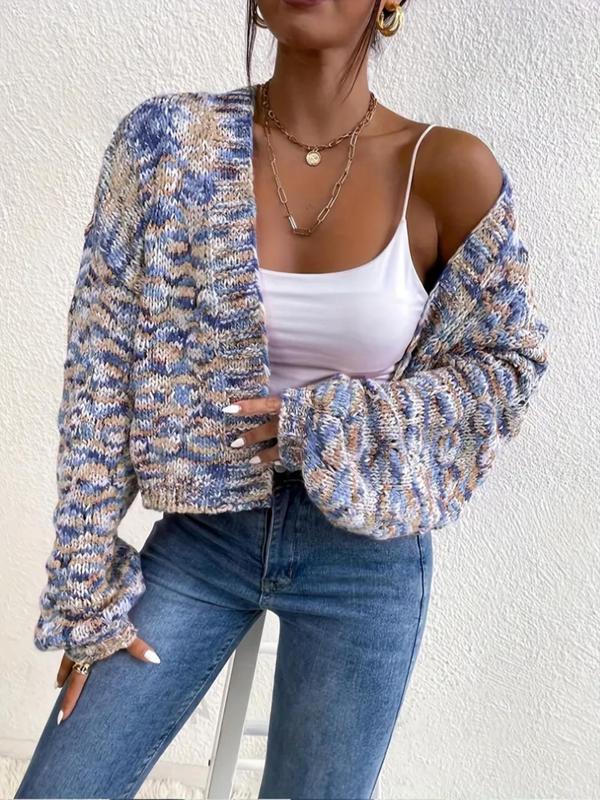 Women's All Over Print Drop Shoulder Knitting Crop Cardigan, Cute Comfort Long Sleeve Open Front Knitwear, Cardigan for Women, Lady Knit Clothing for Daily Wear, Womenswear, Fall Sweaters, Fall Clothes 2024