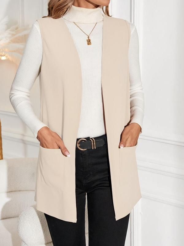 Women's Solid Pocket Open Front Vest Blazer, Casual Sleeveless Outerwear for Spring & Fall, Ladies Clothes for Work Office Business