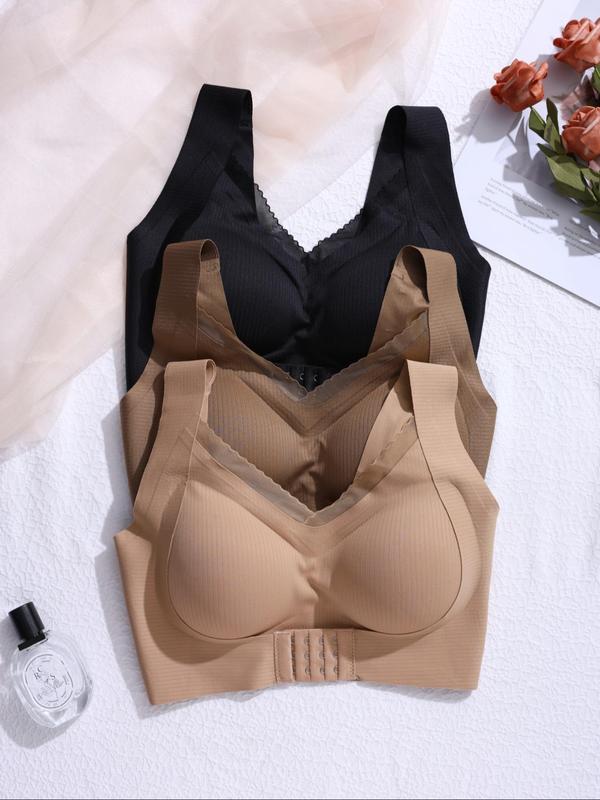 Women's Solid Color Buckle Front Contrast Mesh Wireless Bra, Comfortable Breathable Lingerie for Daily Wear, Women's Lingerie for All Seasons