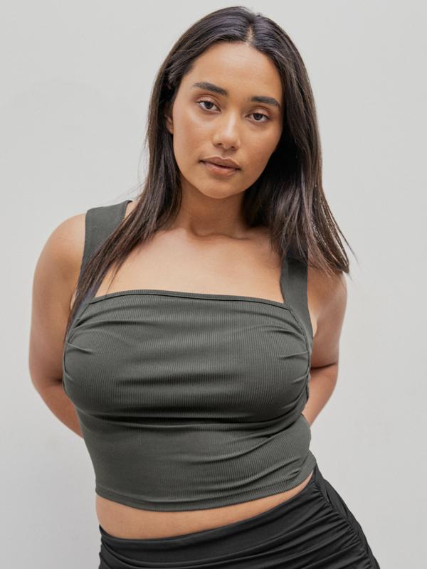 [7 colors, US size 0-26] Solid Ruched Square Neck Crop Top