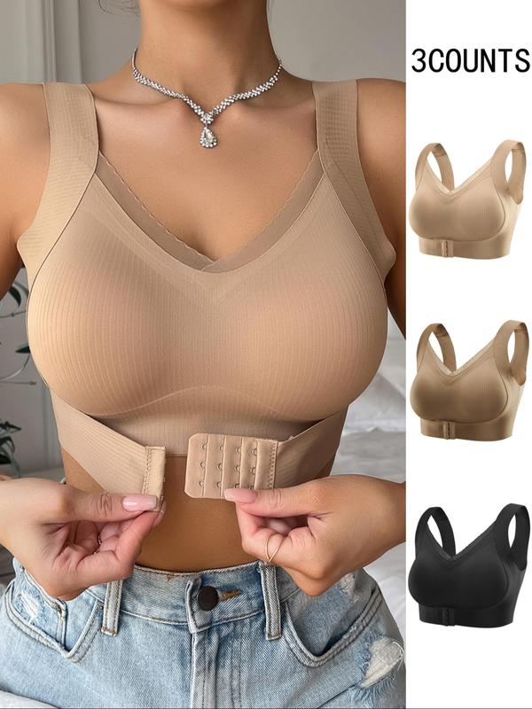 Women's Solid Color Buckle Front Contrast Mesh Wireless Bra, Comfortable Breathable Lingerie for Daily Wear, Women's Lingerie for All Seasons