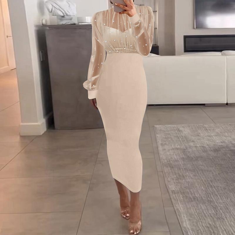 Chicme Sheer Mesh Patch Beaded Bodycon Dress Elegant Casual