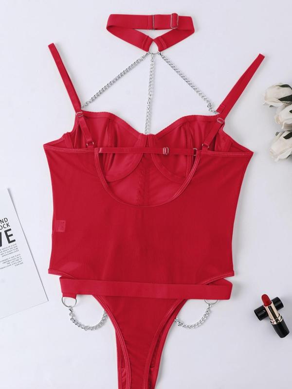 Women's Chain Linked Halter Lingerie Bodysuit, Cut Out Backless Mesh Bodysuit, Romantic Sexy Lingerie for Nightwear