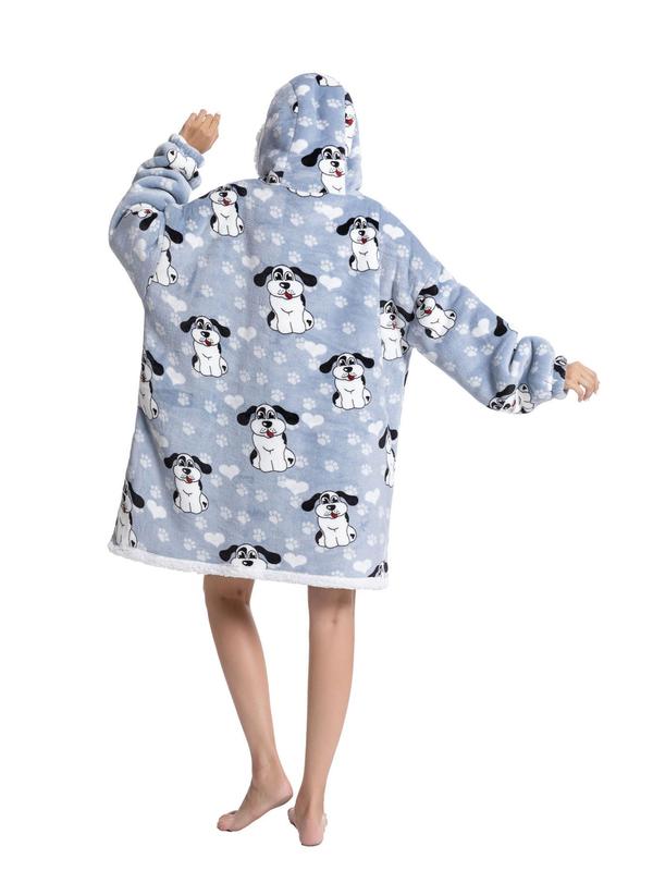  Women's Cow Print Plush Hooded Robe, Cute Pocket Long Sleeve Warm Hooded Pullover Robe, Ladies' TV Blanket Cold-proof Home Clothing Loungewear