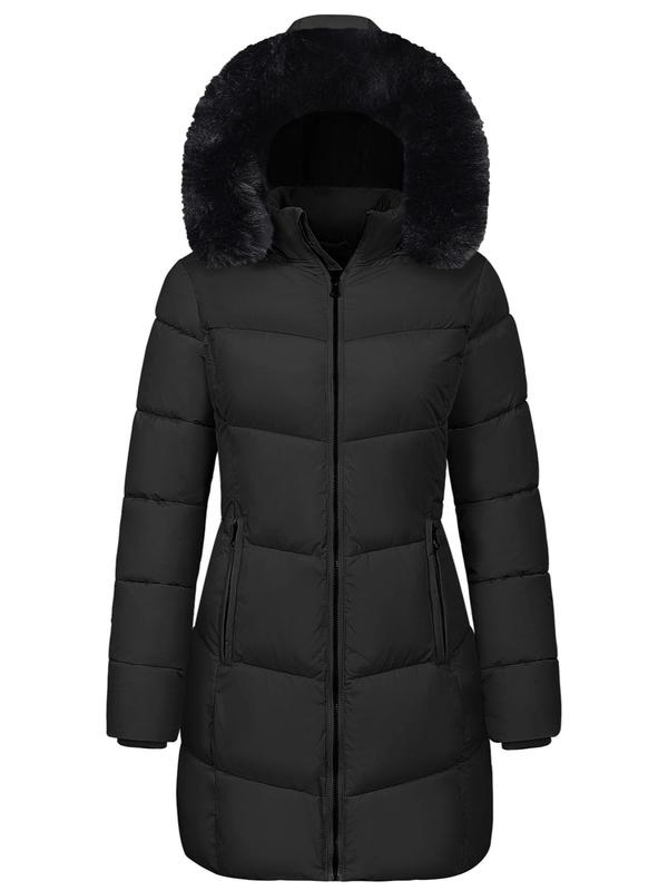 Women's Solid Color Zipper Pocket Detachable Hooded Long Quilted Coat, Casual Contrast Faux Fur Long Sleeve Outerwear for Fall & Winter, Ladies Clothes for Daily Wear