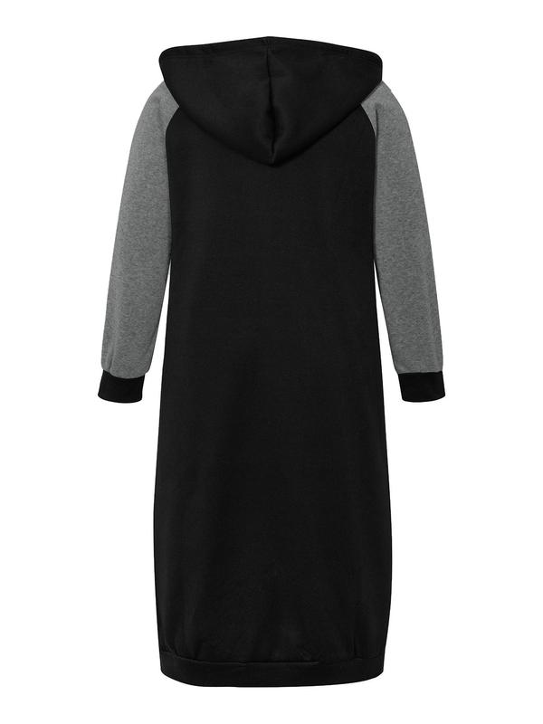 Colorblock Drawstring Zip Up Hooded Coat, Casual Long Sleeve Outerwear for Fall & Winter, Winter Clothes Women, Women's Clothes for Daily Wear
