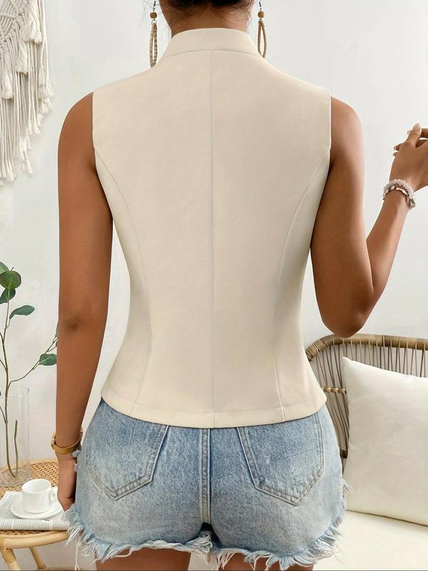 Women's Solid Button Front Vest Blazer, Casual Stand Collar Sleeveless Suit Vest for Summer, Ladies Clothes for Daily Wear