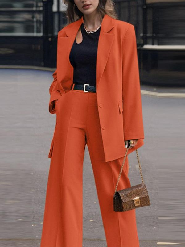 Women's Solid Button Lapel Neck Blazer & Pocket Wide Leg Pants Two-piece Set, Casual Long Sleeve Outerwear & Straight Leg Trousers for Work Office Business, Ladies Fall & Winter Clothes