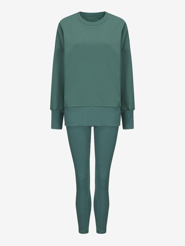 Women's Solid Drop Shoulder Sweatshirt & Skinny Pants Two-piece Set, Casual Fashion Cozy Round Neck Long Sleeve Pullover & Trousers for Daily Outdoor Wear, Women's Clothing for Spring & Fall