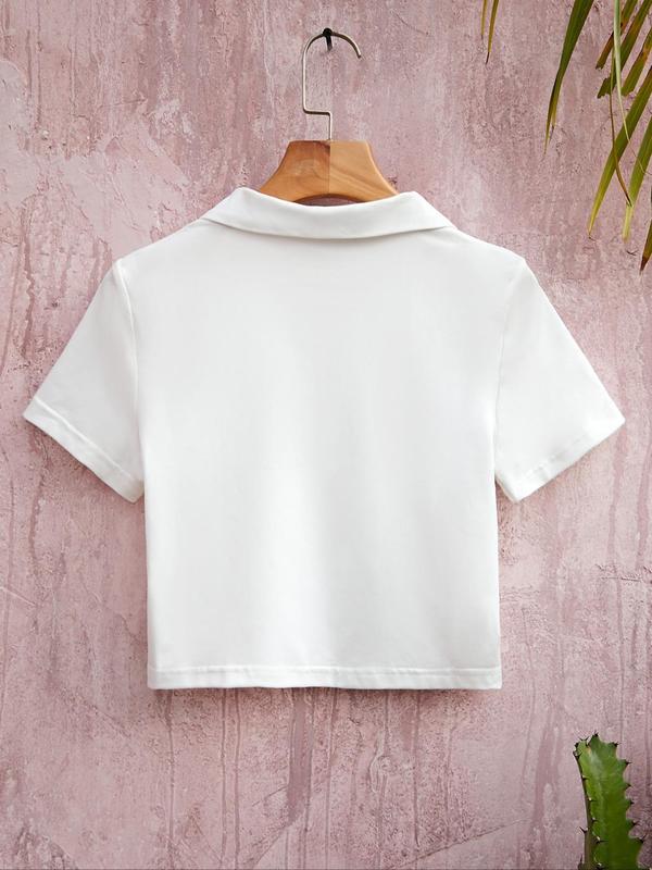 Women's Solid Half Placket Zipper Polo Shirt, Casual Short Sleeve Collared Top for Fall & Winter, Women's Clothing for Daily Wear