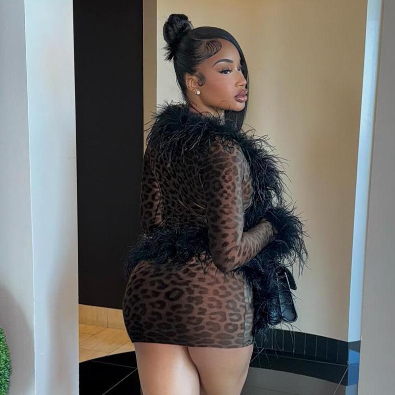 Stylish and sexy new products,  Womenswear  fluffy splicing lace-up cardigan,  top, leopard print skirt set, two-piece set. Long Sleeve Fabric