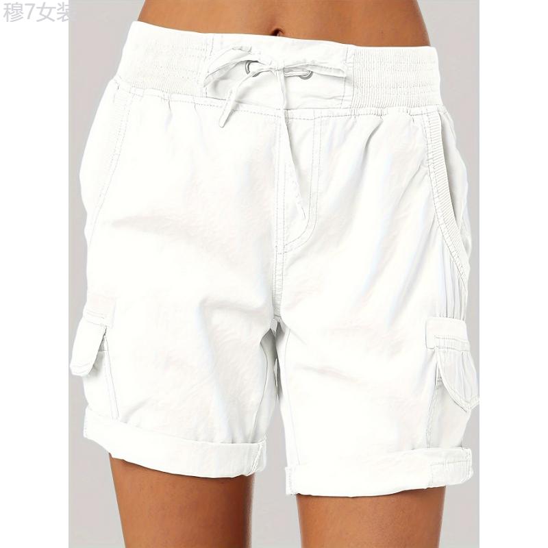 Drawstring Cargo Shorts, Casual High Waist Wide Leg Summer Shorts With Pockets, Women's Clothing Fabric Womenswear