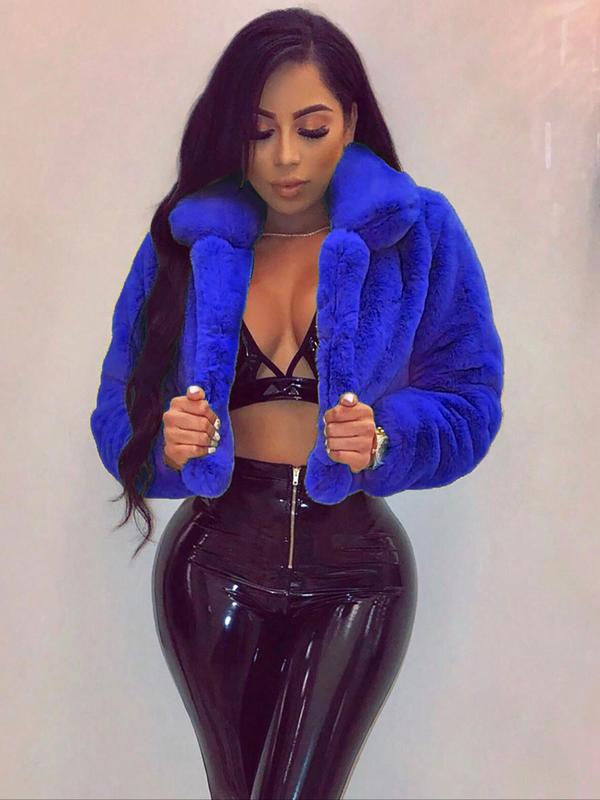 Women's Solid Color Open Front Faux Fur Jacket, Casual Long Sleeve Collared Fuzzy Outerwear for Fall & Winter, Women's Clothing for Daily Wear