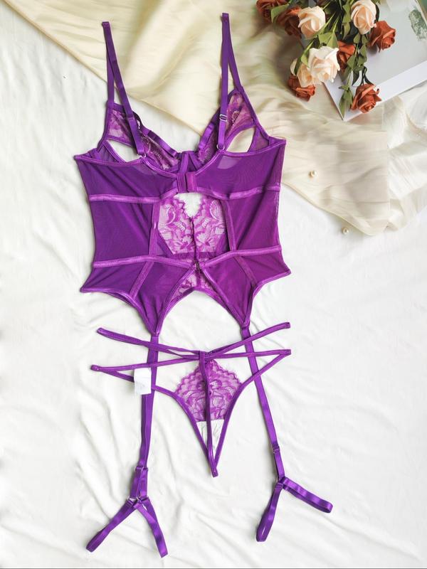 Women's Sexy Lace Bra & Thong Two-piece Set, Solid Color Cut Out Bra & Panty Set, Lingerie Set for Women