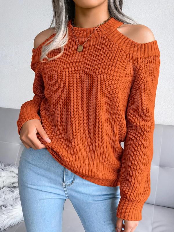 Women's Plain Cut Out Cold Shoulder Sweater, Casual Long Sleeve Jumper for Fall & Winter, Women's Knitwear for Daily Wear