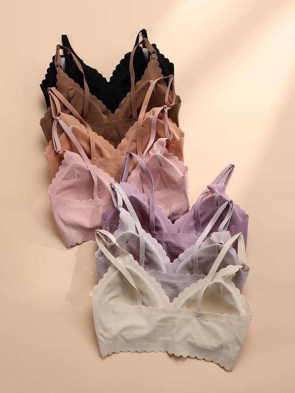 Women's 5pcs Solid Scallop Trim Wireless Push Up Bra, Comfort Soft Comfy Breathable Seamless Adjustable Strap Bralette Lingerie for Daily Wear, Back To School Wear, Ladies Underwear Sets for All Seasons, Summer Wear 2024, Fall Wear, Fallfreshness