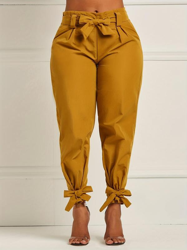 Women's Solid Color Belted Tie Front Carrot Pants, Casual Elastic Waist Trousers for Fall & Winter, Women's Bottoms for Daily Wear