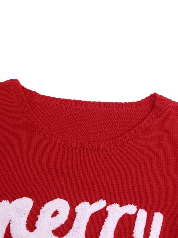 Women's Christmas Letter  Jacquard Drop Shoulder Sweater, Casual Long Sleeve Round Neck Jumper for Daily Wear, Ladies Knitwear for Fall & Winter