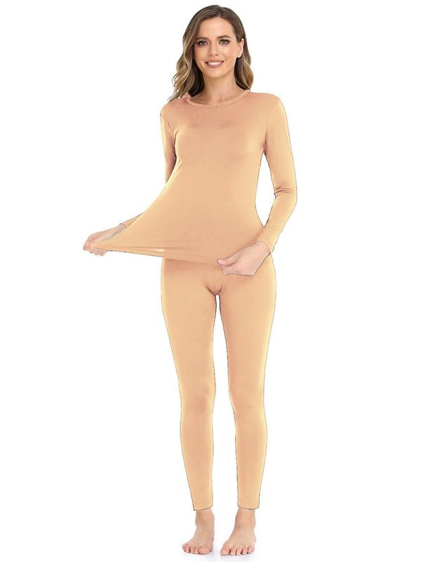 Women's Solid Color Thermal Lined Underwear Two-piece Set, Casual Comfy Warm Round Neck Long Sleeve Top & Leggings for Fall & Winter, Ladies Thermal Underwear for Daily Wear