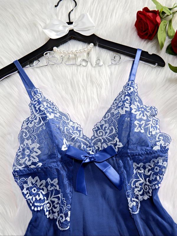 Women's Floral Lace Bow Decor Cami Nightdress & Thong Sexy Lingerie Two-piece Set, Adjustable Strap Backless Nightgown & Panty Two-piece Lingerie Set, Ladies Sexy Lingerie & Costumes