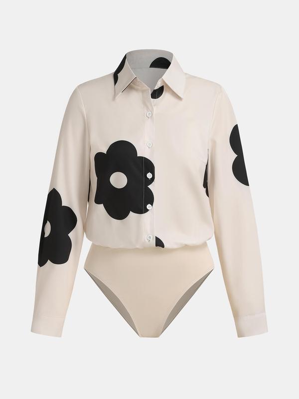 YOZY Women's Floral Print Button Front Bodysuit & Pocket Wide Leg Pants Two-piece Set, Long Sleeve Snap Closure Crotch Top & Zipper Trousers, Casual Two Piece Outfits for Daily Wear