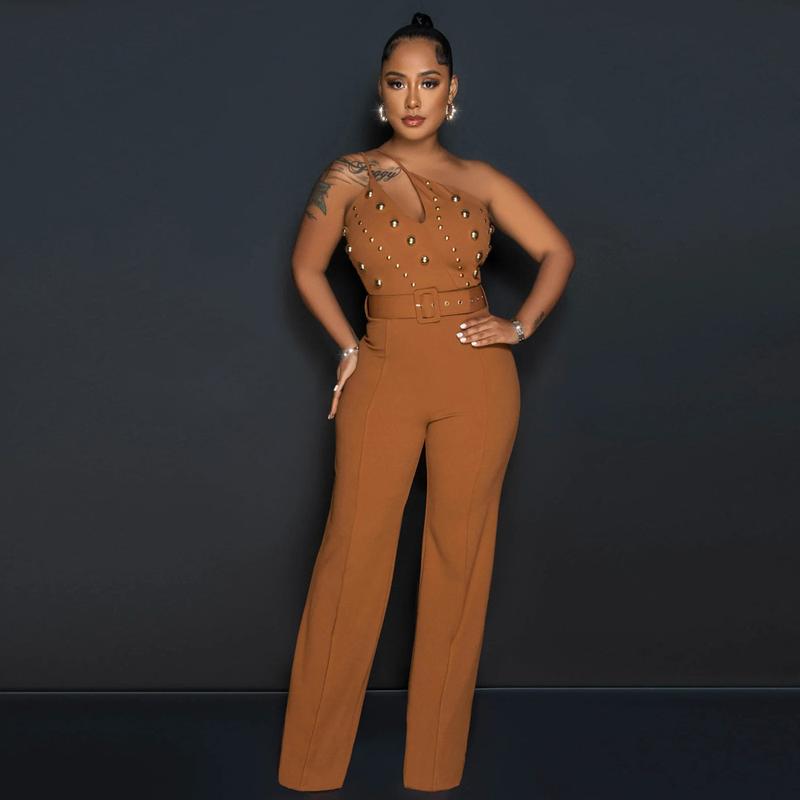 European and American Fashion Solid Color Jumpsuit Slim Shoulder Wide Leg Pants for Women