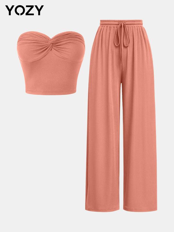 YOZY Black Friday Deals [7 colors] Twist Crop Tube Top & Drawstring Waist Pants Set  Elegant Solid Sleeveless Cropped Top & Straight Wide Leg Trousers, Christmas 2024 Trend, Thanksgiving Outfits, Fall Outfits, Winter Outfits