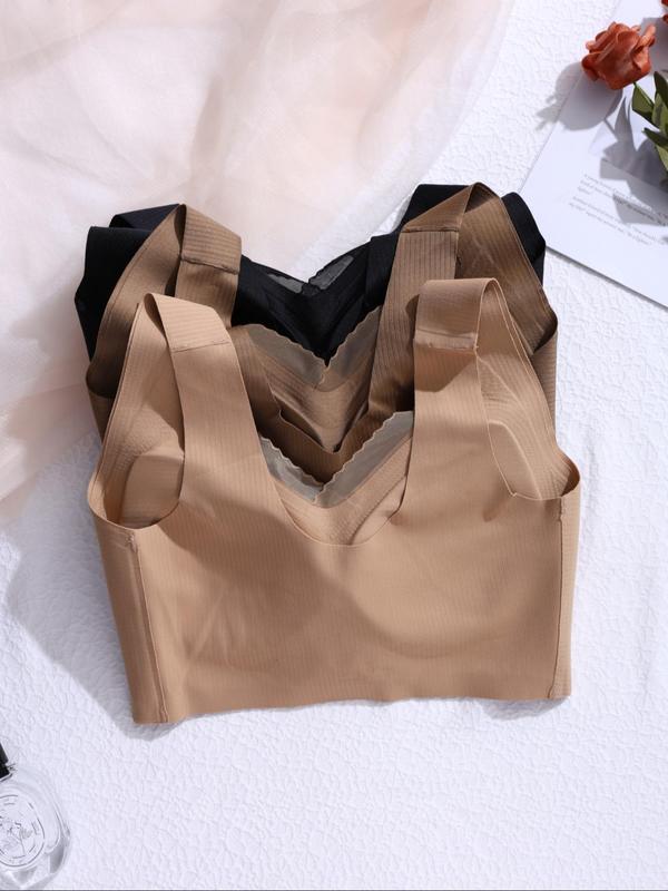 Women's Solid Color Buckle Front Contrast Mesh Wireless Bra, Comfortable Breathable Lingerie for Daily Wear, Women's Lingerie for All Seasons
