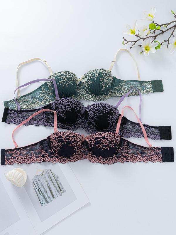 Women's Colorblock Floral Lace Push Up Bra, Soft Comfy Breathable Adjustable Strap Underwire Bra, Lingerie for All Seasons