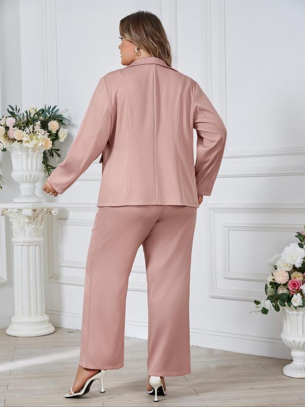  Solid Two-piece Set, Elegant Lapel Neck Button Front Blazer & Straight Leg Pants, Women's Spring & Fall Clothes for Work Office Business, Trendy Outfits 2024, 2 Piece Sets Women, Fall Clothing Women, Plus Size Clothes for Women