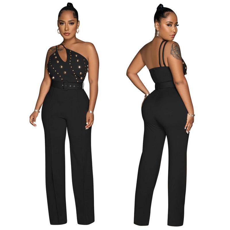 European and American Fashion Solid Color Jumpsuit Slim Shoulder Wide Leg Pants for Women