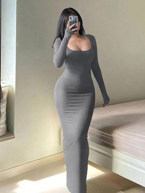 Women's Minimalist Solid Color Tight Sleeve Bodycon Dress for Fall, Women's Clothing for Daily Wear, Back-to-School Clothing, Basic Womenswear, Lady Casual Wear, Lady Long Sleeve, Fall Outfits, Fallfreshness