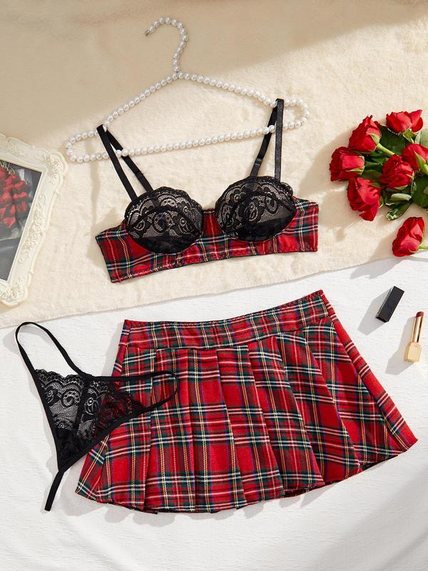 Women's Christmas Themed Plaid Print Sexy School Girl Costume Set, Preppy Style Contrast Lace Bra & Sheer Thong & Bow Back Pleated Skirt Set, Lingerie Set for Women