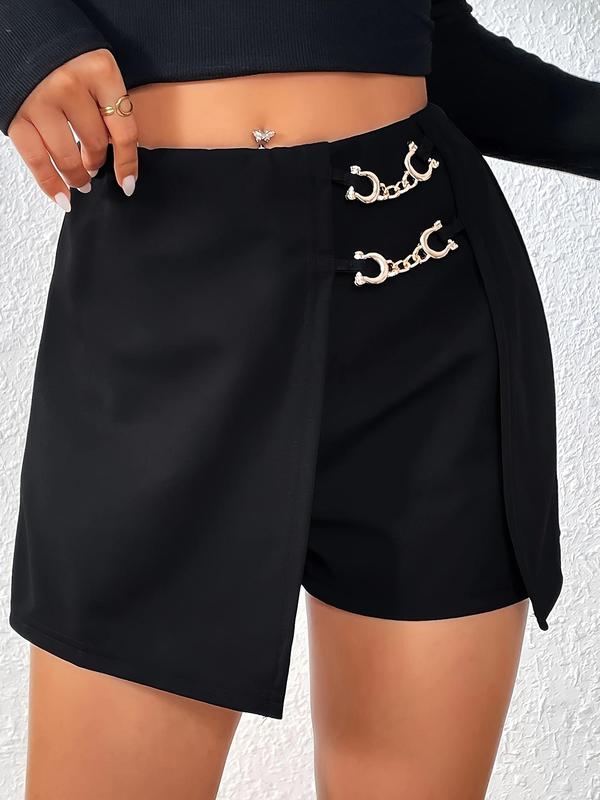 Women's Chain Decor Asymmetrical Hem Shorts, Elegant High Waist Short Skort for Summer, Fashion Women's Bottoms for Daily Wear