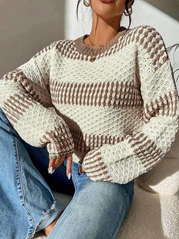 Women's Textured Striped Print Crewneck Knitting Jumper, Casual Long Sleeve Round Neck Sweater, Sweaters for Women, Lady's Comfort Knitwear Top, Comfort Womenswear Tops, Downtown Girl Clothes