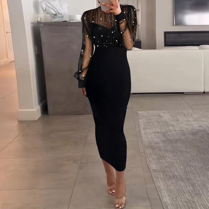 Chicme Sheer Mesh Patch Beaded Bodycon Dress Elegant Casual