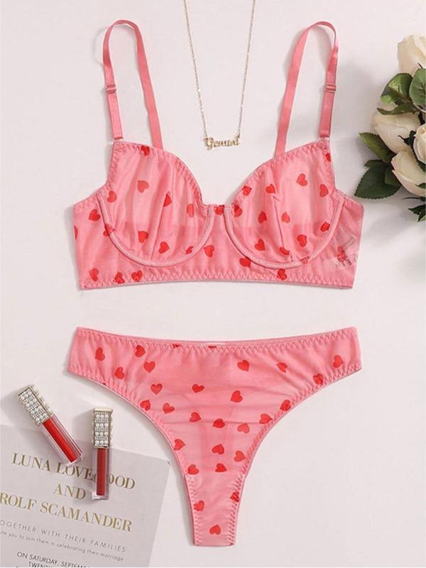 Women's 2pcs Heart Print Push Up Bra & Panty Tulle Set, Comfy Breathable Contrast Mesh Underwire Bra & Lingerie Panty, Women's Lingerie & Underwear