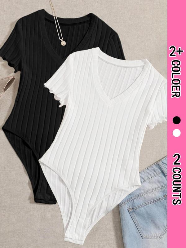Women's Striped Lettuce Trim Bodysuit, Casual Short Sleeve V Neck Bodysuit for Fall & Winter, Women's Clothing for Daily Wear