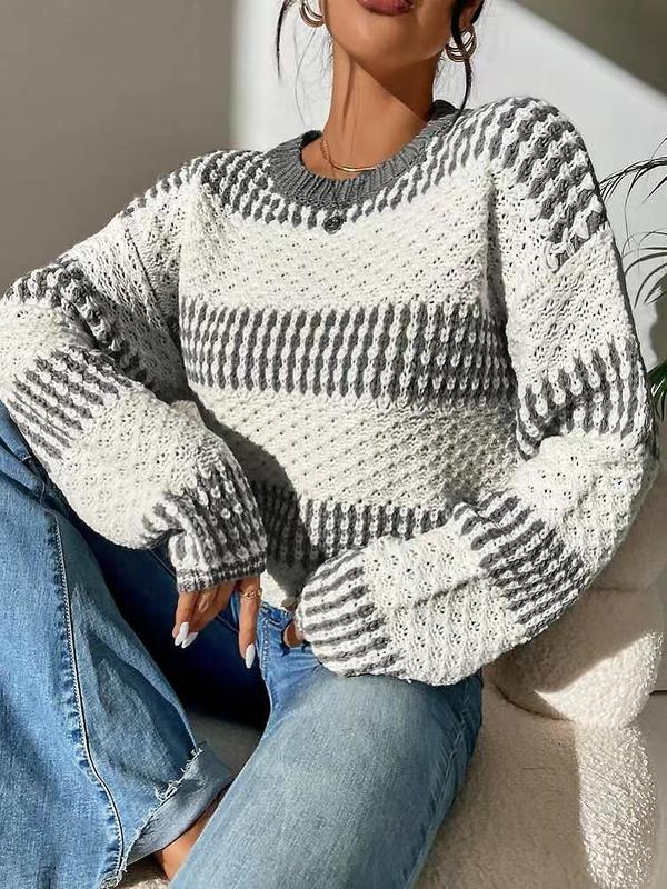 Women's Textured Striped Print Crewneck Knitting Jumper, Casual Long Sleeve Round Neck Sweater, Sweaters for Women, Lady's Comfort Knitwear Top, Comfort Womenswear Tops, Downtown Girl Clothes