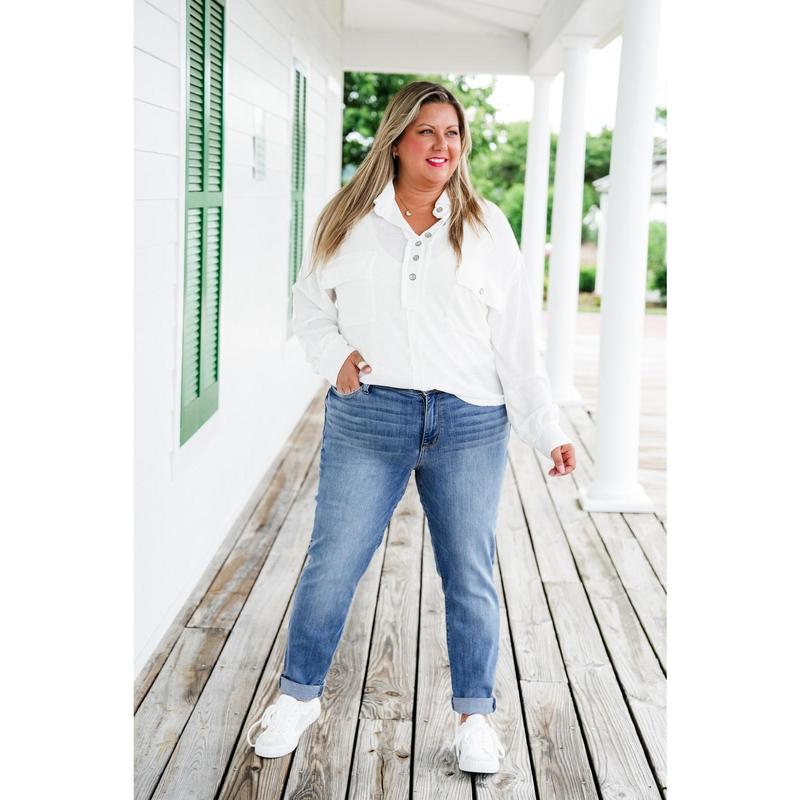 Judy Blue Get to Work Mid Rise Medium Wash Cuffed Slim Jeans