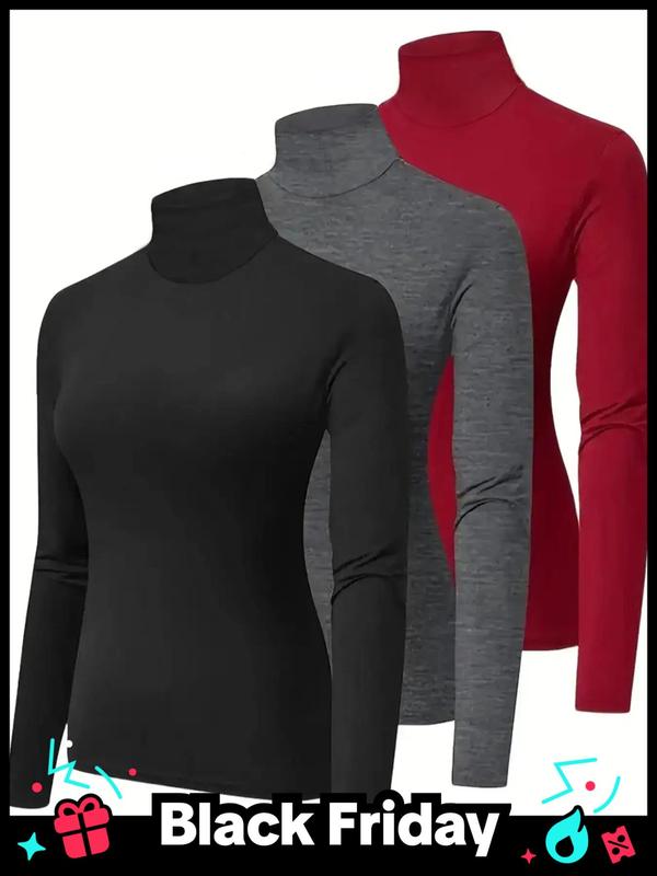  Women's Solid Color High Neck Tee, Casual Long Sleeve T-shirt for Fall & Winter, Women's Clothing for Daily Wear