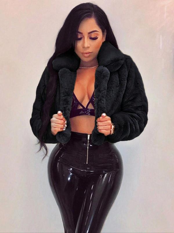 Women's Solid Color Open Front Faux Fur Jacket, Casual Long Sleeve Collared Fuzzy Outerwear for Fall & Winter, Women's Clothing for Daily Wear