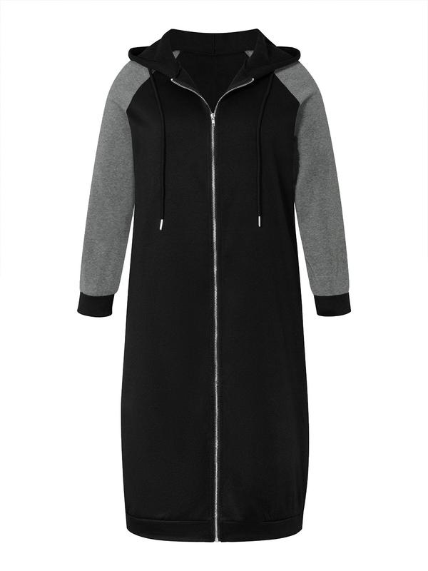 Colorblock Drawstring Zip Up Hooded Coat, Casual Long Sleeve Outerwear for Fall & Winter, Winter Clothes Women, Women's Clothes for Daily Wear