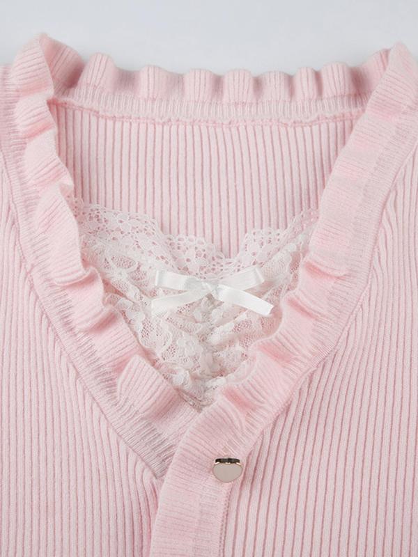 Women's Plain Contrast Lace Ruffle Trim Buttons Tie Front Basic Minimalist Sweater, Comfort Y2k Longsleeves Square Neck Knitwear, Cute Babydoll Tops, Womenswear Knitting Tops, Sweaters for Women, Fall Outfits 2024 Sets  for Christmas