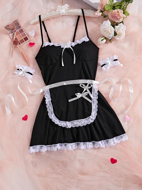 Women's Bow Decor Contrast Lace Sexy Lingerie Set, Elegant Romantic Maid Costume Set for Indoor Party, Ladies Sexy Lingerie & Costumes for All Seasons