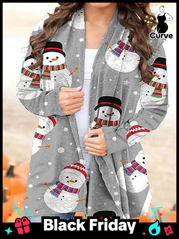  Cartoon Snowman Print Long Sleeve Coat, Coat for Women, Casual Jackets, Christmas Themed Open Front Outerwear for Fall & Winter, Women's Clothes for Daily Wear, Fall Outfits, Fallfreshness, Winter Clothes Women, Plus Size Clothing