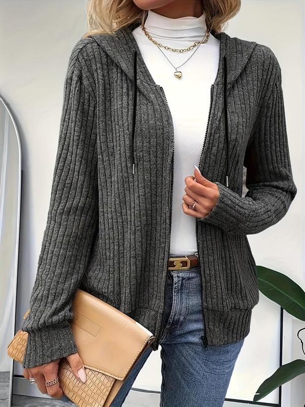 Womenswear  Solid Drawstring Zip Up Hooded Coat, Comfort Basic Fitted Minimalist Long Sleeve Jacket for Spring & Fall, Women's Clothes for Daily Wear, Fall Outfits, Fallfreshness