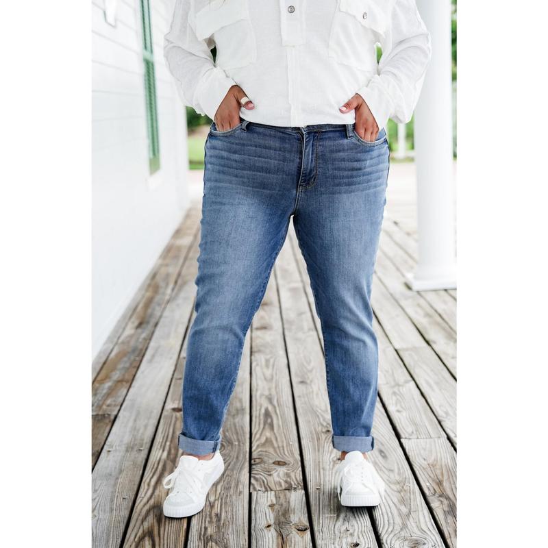 Judy Blue Get to Work Mid Rise Medium Wash Cuffed Slim Jeans